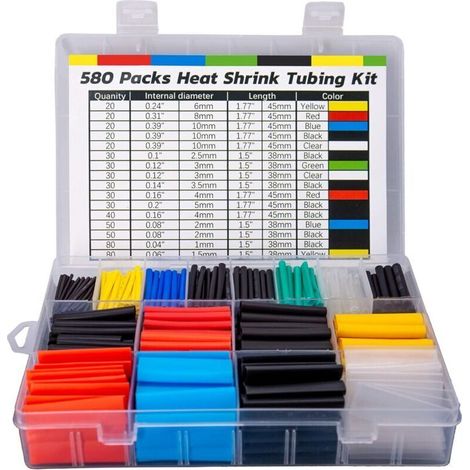 Gaine Thermorétractable Câble Électrique - 580 Pièces Gaines Thermoretractables Ratio 2:1, Kit de Tube de Câble D'isolation Électrique (6 Couleurs, 11 Tailles) (1/4)