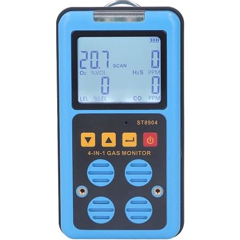 Détecteur de gaz 4 en 1 (CO, H2S, O2, LIE) avec 3 modes d'alarme (sonore, lumineuse et vibratoire), rechargeable et écran rétroéclairé. Testeur de qualité de l'air. (1/5)