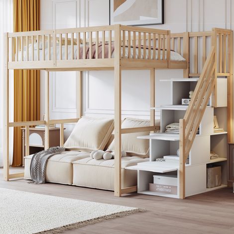 Cama alta 140/200 cm en madera natural con escalera de almacenaje y barrera de seguridad (1/5)