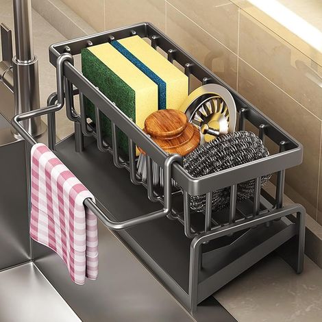 1 Porte-éponge, Acier inoxydable, Plateau vidange automatique, Support rangement, Pour évier cuisine salle de bain