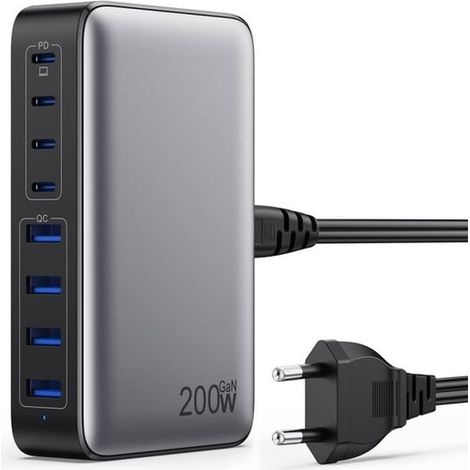 Cargador rápido USB-C de 200 W - Adaptador multipuerto PD QC PPS de 8 puertos (1/5)