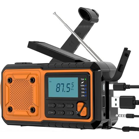 Radio solar, radio meteorológica portátil de emergencia, radio de manivela de 4000 mAh con dinamo FM/AM/SW, con linterna LED/alarma SOS/cable USB.