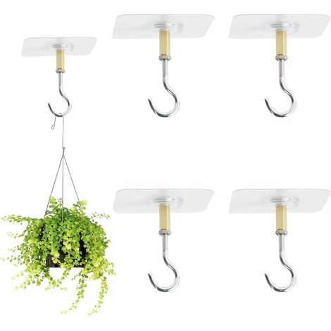 4 Pièces Crochets de Plafond autocollants sans perçage en PVC transparent pour plantes suspendues avec crochets en acier inoxydable pour plafond (1/5)
