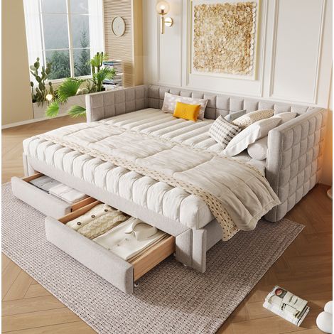 DESVIAE Lit de jour 90 x 200 cm canapé lit en velours avec dossier carré extensible à 180 cm deux tiroirs beige cadre MDF (1/5)