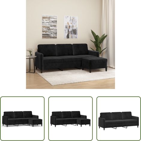 vidaXL Sofá de 3 plazas con taburete de terciopelo negro 180 cm (1/5)
