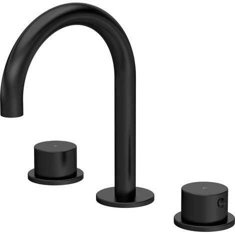 Hademore Contemporary 3 Tap Hole Basin Mixer Tap with Curved Spout and Round Handles, Matt Black (1/2)