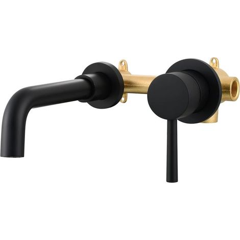 Mitigeur Lavabo Noir 2 Trous Robinet Mural Encastré en Laiton Eau Chaude et Froide pour Salle de Bain (1/5)