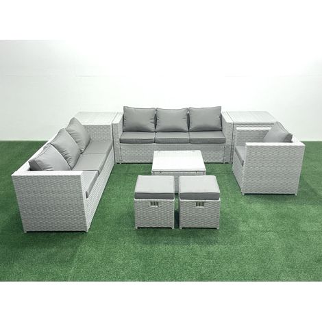 Fimous Meubles d'extérieur en rotin avec Fauteuil Table basse carrée 2 Petits tabourets 2 Tables d'appoint Gris clair mixte (1/5)
