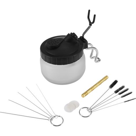 Pot de nettoyage pour aérographe, support avec bocal, brosse pour aiguille et buse, kit de nettoyage complet.