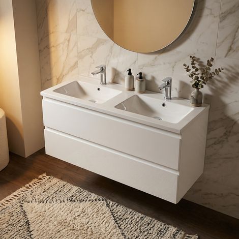 B-Way 119x50x45 cm mueble de baño suspendido 2 cajones con doble lavabo en mármol fundido, blanco brillante (BWAY2120WU)