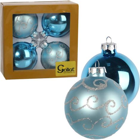 Set mit 4 blauen Weihnachtskugeln, 80 mm – matt und schimmernd mit silbernem Glitzer (1/3)