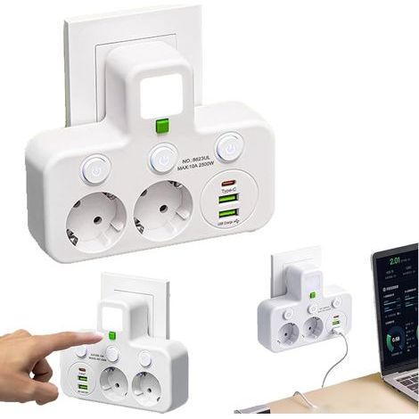 Multiprise Murale avec Interrupteurs Individuels 2 Prises EU + 3 Ports USB (2X USB A + 1x Type C), Conception Polyvalente et Sécurisée pour la Maison (White,2Prises)