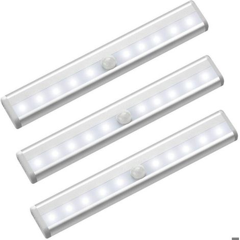 Lot de 3 lumières LED avec détecteur de mouvement pour armoire, éclairage LED alimenté par batterie avec bandes magnétiques (1/3)