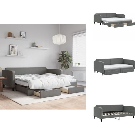 Lit de jour avec gigogne et tiroirs gris foncé 100x200 cm tissu - Canapé Convertible - Lit Gigogne - Meuble Multifonctionnel - Lit Invité - Rangements Intégrés (1/5)