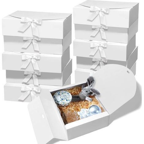 Scatole regalo con nastro, set da 10, sacchetti regalo bianchi, 27 x 20 x 8 cm, confezioni regalo in cartone per matrimoni e compleanni, pieghevoli (1/5)