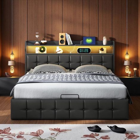 Cama Doble 140x190 cm - Cofre Hidráulico - LED RGB 6000 Colores - Recarga USB-C 15W - Cuero Negro