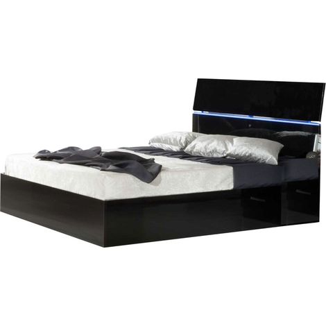 Lit coffre bois noir laqué et tête de lit noire laquée avec led Mona-160x200 (1/5)