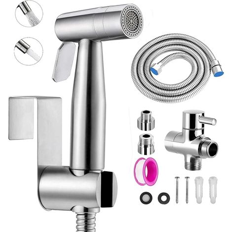 Kit Douchette wc,Pulvérisateur de toilette pour bidet,jet à deux fonctions, facile à installer, Pulvérisateur pour L'hygiène Personnelle Quotidienne, Jeu de Tuyaux Mural (Argent) (1/5)