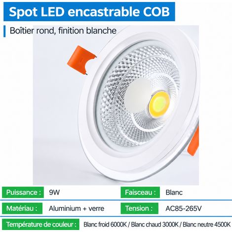 Spot LED encastrable COB rond 9W panneau verre 4500K blanc neutre découpe 100 mm 9w 120mm 100mm 4500k 150 g – Livraison gratuite