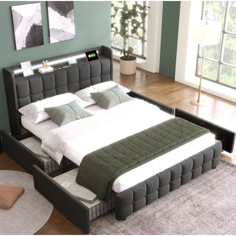 Polsterbett Leinenstoff Grau 140x200 cm mit LED-Beleuchtung, USB/Steckdosen, 4 Schubladen und Lattenrost (1/5)