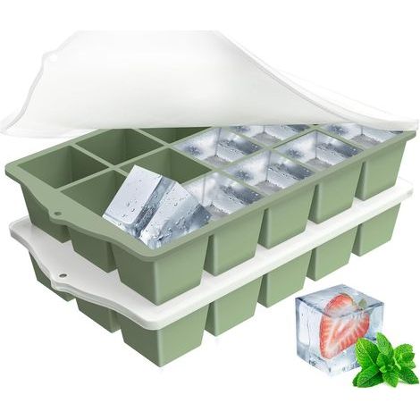 Bac a Glacon avec Couvercle, Glacons Moule en Silicone Sans BPA, Bac à Glaçons Empilable pour Cocktail Bebe Puree (Vert, 2 Pièces) (1/5)