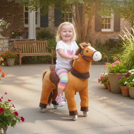 Cheval d’équitation pour enfants - roues souples - housse en tissu - cheval à bascule - 3 à 5 ans - cadre solide - brun foncé - Idéal