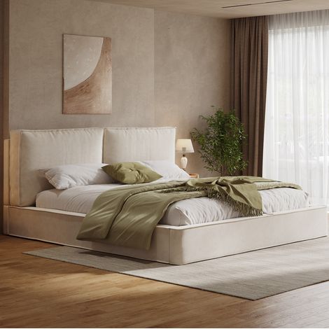 REDOM - Cama doble 160x200 cm - con somier de láminas en chenilla - beige (Sin colchón) (1/5)