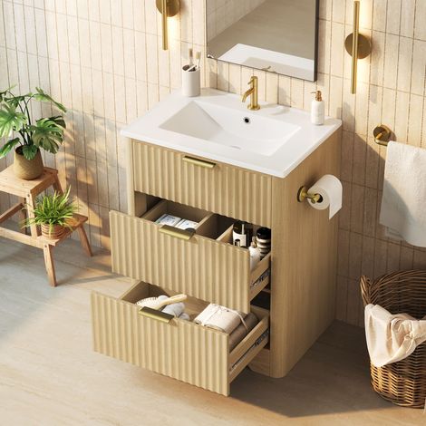 Meuble vasque 61cm - vasque en céramique, tiroirs, porte-papier réversible, poignées dorées, aspect bois, MDF, sans robinet (1/5)
