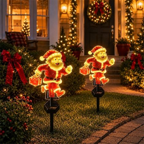 Lot de 2 Lampes Solaires Père Noël à Planter, LED Blanc Chaud Clignotantes, Décoration de Noël pour Jardin et Pelouse (1/5)