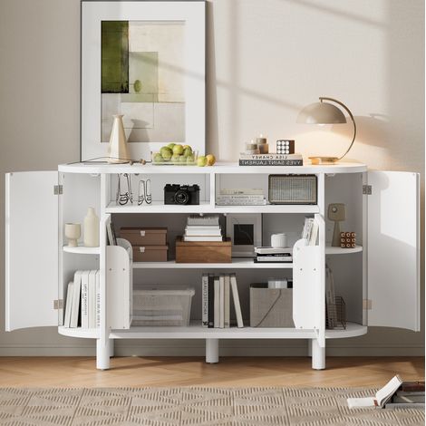 Aparador de MDF blanco 120x38x77 cm con almacenaje mixto, puertas dobles, compartimento arqueado y pies ajustables (1/5)
