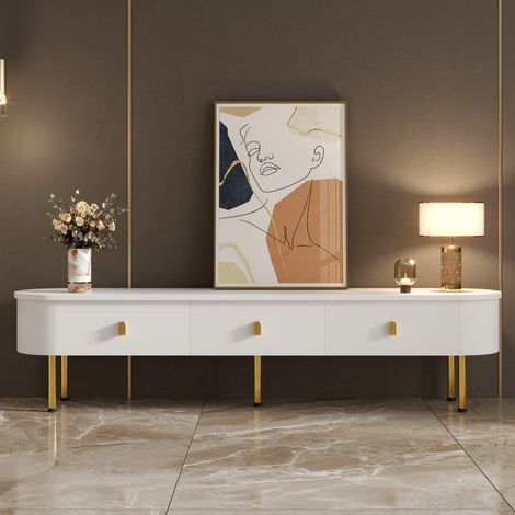 TV-Schrank 174 cm, mit drei Schubladen, goldenen Griffen und Beinen, abgerundete Ecken, Lowboard, geeignet für Wohnzimmer und Schlafzimmer – Weiß