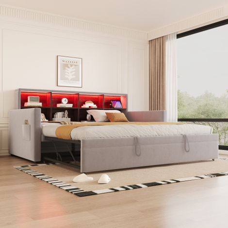 Letto/divano letto imbottito 90x190 cm, testiera con vani portaoggetti integrati, striscia LED e prese di ricarica, con letto estraibile, rivestimento in velluto, grigio chiaro (1/5)