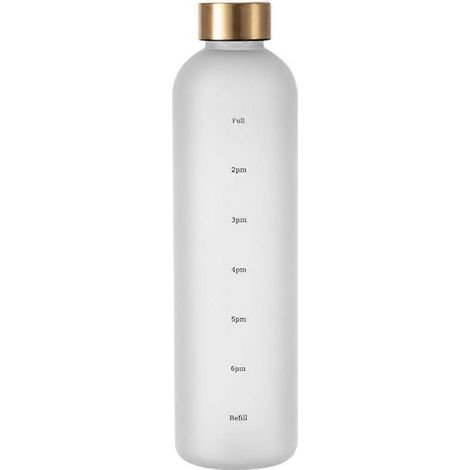 Bouteille d'eau de 1 L avec indicateur de temps (32 oz), réutilisable, étanche, en plastique blanc dépoli, idéale pour le sport et le fitness. (1/5)