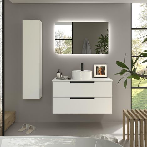 Mueble de Baño LENI 100cm Blanco Mate 2 cajones Lavabo sobre encimera 1 poza Porcelana (1/5)