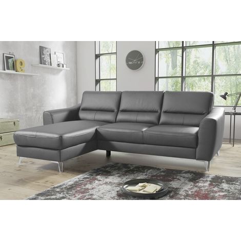Canapé d'angle convertible en cuir italien de luxe 5 places SANTORIN, avec coffre, gris clair, angle gauche