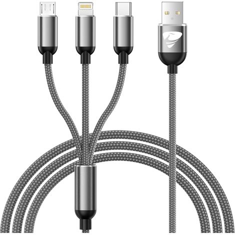 Câble Multi USB, 3 en 1 Câble Universel Rapide [1.2M] Cable Multi Chargeur USBC Nylon Tressé Micro USB Type C Lightning Cable pour iPhone, Samsung, Redmi, Huawei, Sony, LG, Nokia, Android, OnePlus (1/5)