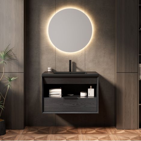 Mobile bagno sospeso 84x55x63 cm con lavabo integrato in ceramica, cassetto, ripiano aperto, nero e rovere scuro (1/5)