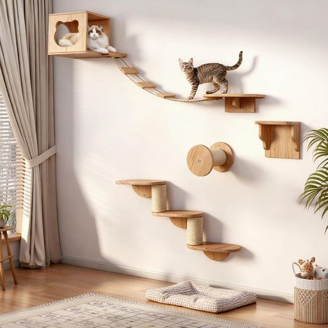 Mur d'escalade pour chat XXL - Parc mural en bois 4 pièces avec grotte pour chat, pont suspendu, escalier et colonne en sisal - Meubles muraux pour chats domestiques (1/5)
