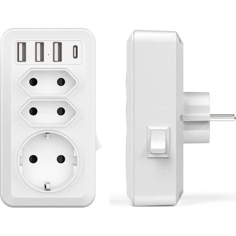 Prise Multiprise - 7 Prises Dont 3 USB + 1 Type-C - 4000 W - Interrupteur Principal - Protection Surcharge/Court-Circuit - Compacte - 1 Unité