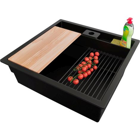PRIMAGRAN Evier Cuisine en Granit 56x54cm,Lavabo 1 bac + Kit de Vidage + Accessoires, Évier à Encastrer au meuble 60cm - Bergen Pocket, Tout Noir (1/5)