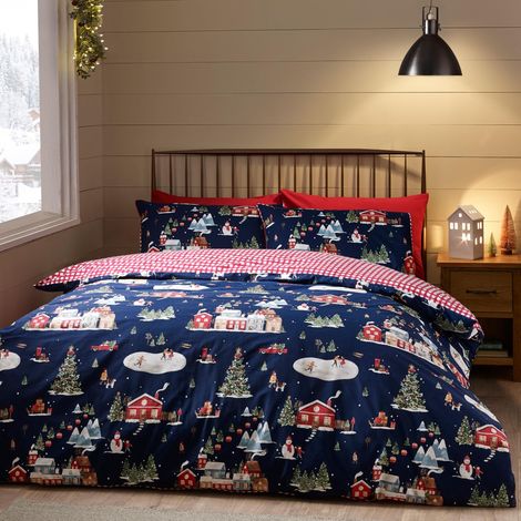 Parure de lit réversible avec Housse de Couette et taies d'oreiller Motif Village de Ski de Noël Bleu Marine King (1/5)