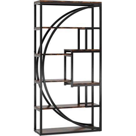 Étagère moderne à 6 niveaux en métal noir et panneaux de bois, 80 x 35 x 179 cm (1/5)