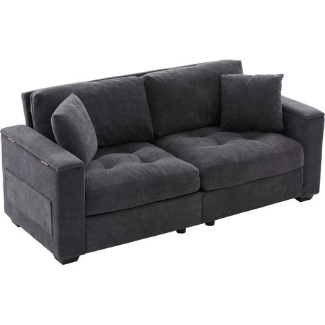 Canapé 2 places moderne de 180 cm pour salon, gris foncé, avec rangement dans l'accoudoir, tissu chenille doux, avec 2 coussins confortables et rembourrage en mousse haute densité pour un confort d'as (1/5)