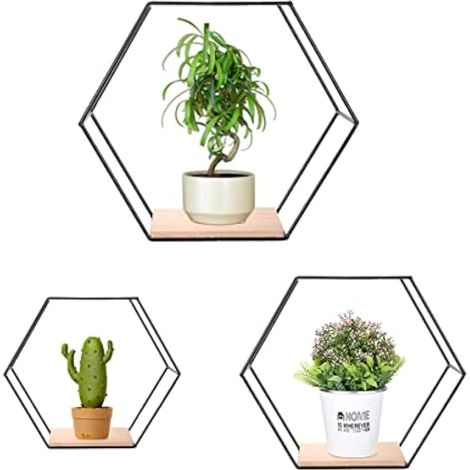 Set of 3 Hexagon Wall Shelves, Black Floating Shelves, Metal and Wood Hanging Shelves for Bedroom Bathroom Living Room Kitchen, Laundry Room Storage and Wall Decor(Black) (1/4)