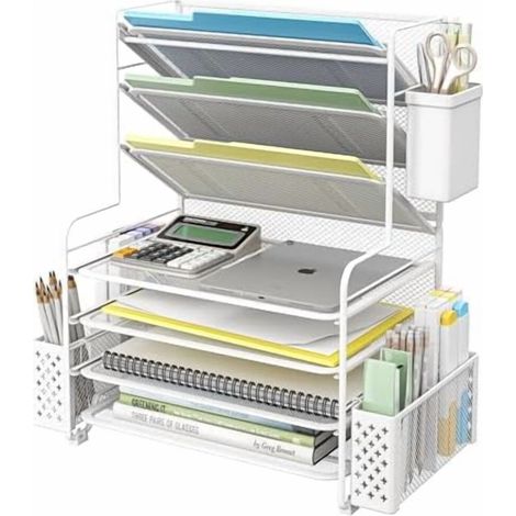 Organizador de escritorio de 7 niveles, organizador de papel tipo bandeja para cartas con portalápices y cesta colgante de metal, blanco.