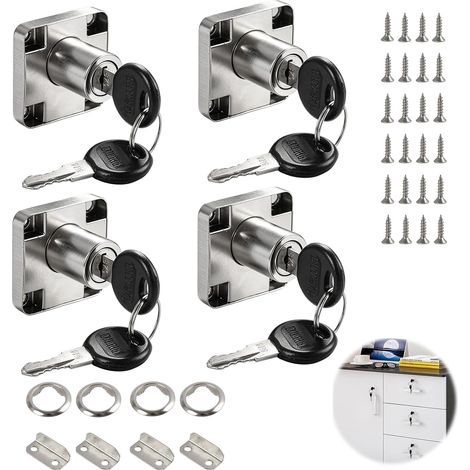 Lot de 4 Serrures de Meuble 22 mm avec Clé, Cam Lock Serrure Tiroir Armoire Placard Boîte aux Lettres, Métallique pour Meubles Bureau Cuisine Vitrine Casier avec Accessoires de Montage (1/5)