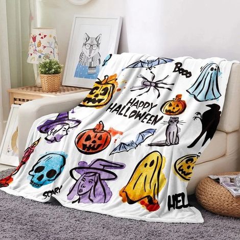 Couverture d'Halloween - Couverture citrouille, sorcière et chauve-souris 127 x 152 cm - Flanelle grise douce, décoration d'Halloween pour canapé, lit, salon, style 10 (1/3)