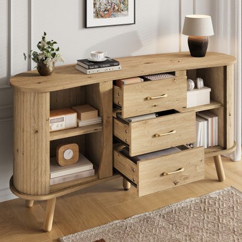 Buffet de salon, buffet bois avec 2 portes coulissantes et 3 tiroirs, réglable en hauteur, naturel, 150x36,5x75 cm (1/5)