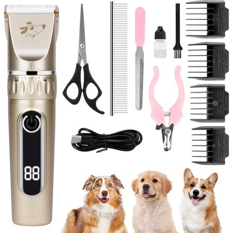 Tondeuse Chien, Sans Fil Détachable Tondeuse pour Chiens Professionnel, Lames en Céramique Ecran LCD Charge Rapide 5 sortes Vitesses de Rotation Lavable à Faible Bruit Kit Toilettage Chien (1/5)