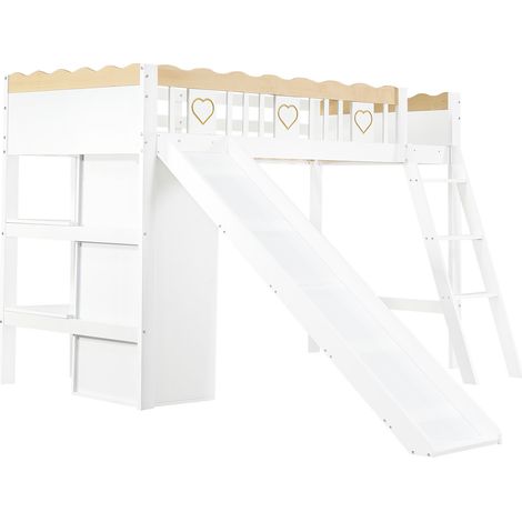 Lit mezzanine enfant avec toboggan, armoire et rangements, 90 x 200 cm, blanc et naturel (1/5)
